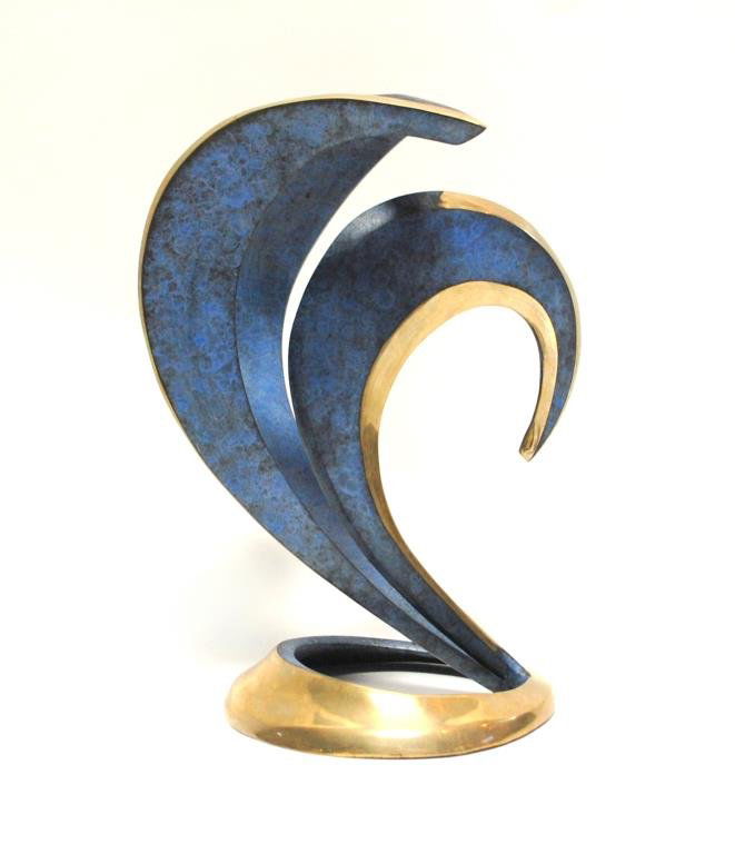 Bob Bennett Sculpture "Tsunami": Bob (Robert) M. Bennett (American, 1928 - 2003) Cast bronze abstract sculpture with a vibrant blue metallic patina. Lovely and dynamic abstract design inspired by crashing waves. 13" tall x 10" wide