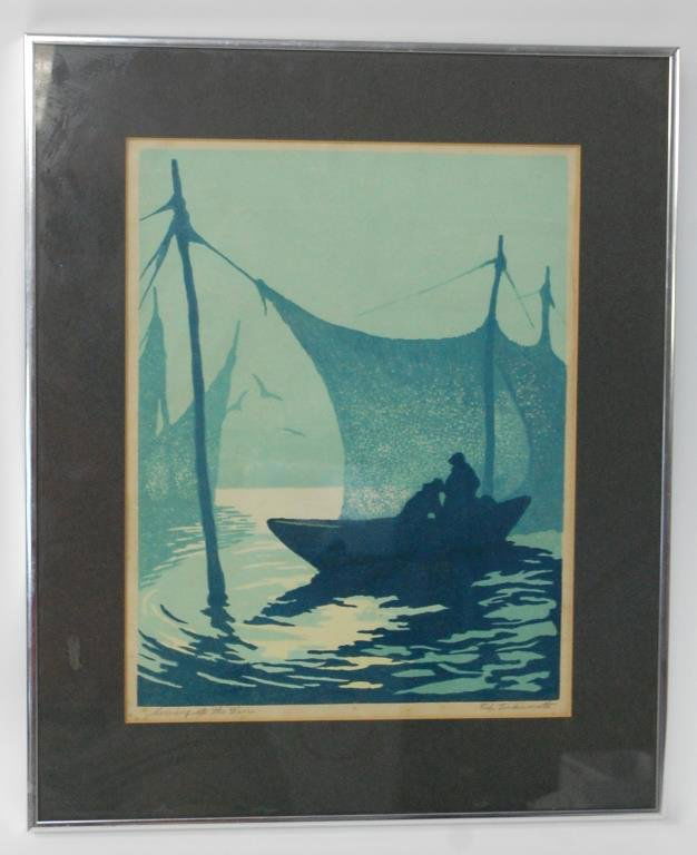 Lindenmuthe Signed Woodcut "Morning at the Weir": Tod Lindenmuth (1885-1956), Morning at the Weir, color woodcut, c. 1930, signed in pencil lower right and titled lower left 16 1/2" x 20" overall, and sight size 11" x 14" condition issues including f