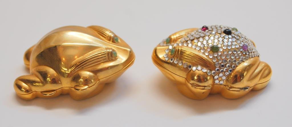 Two Judith Leiber Frog Pillboxes: one crystal encrusted