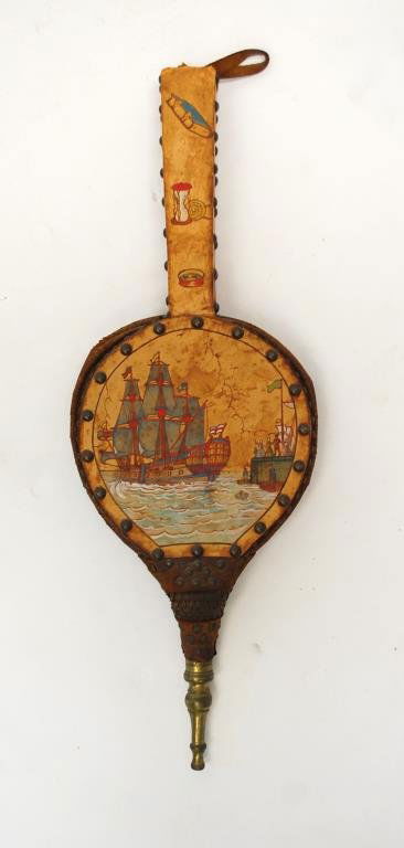 Hand Painted Bellows with Galleon Scene: Purchased from the estate of the late Kate Smith, American singer best known for her rendition of Irving Berlin's "God Bless America".