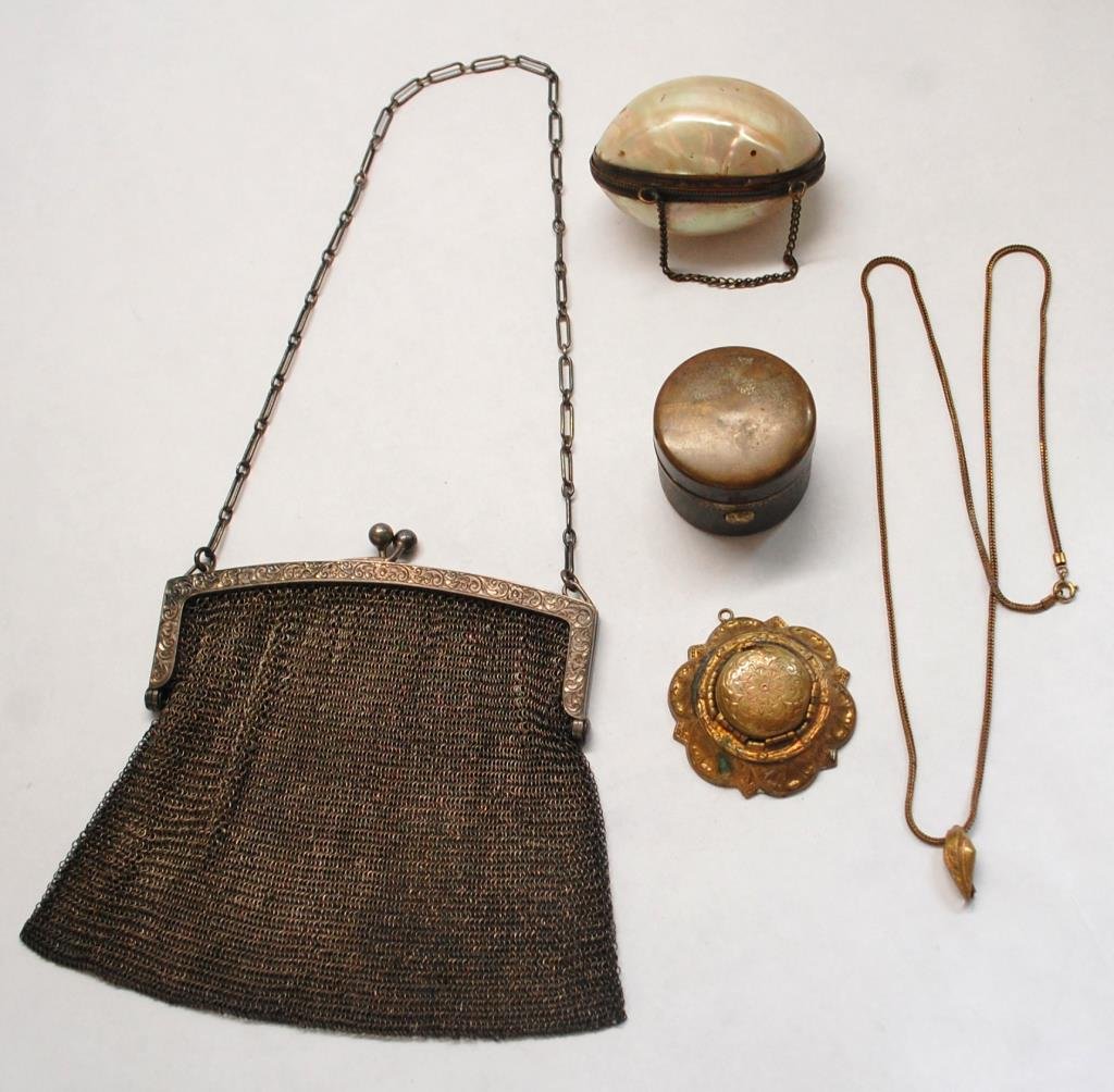 Sterling Silver Mesh Purse, Triple Locket, Shell: Purse, Patented Portable Inkwell, and Necklace