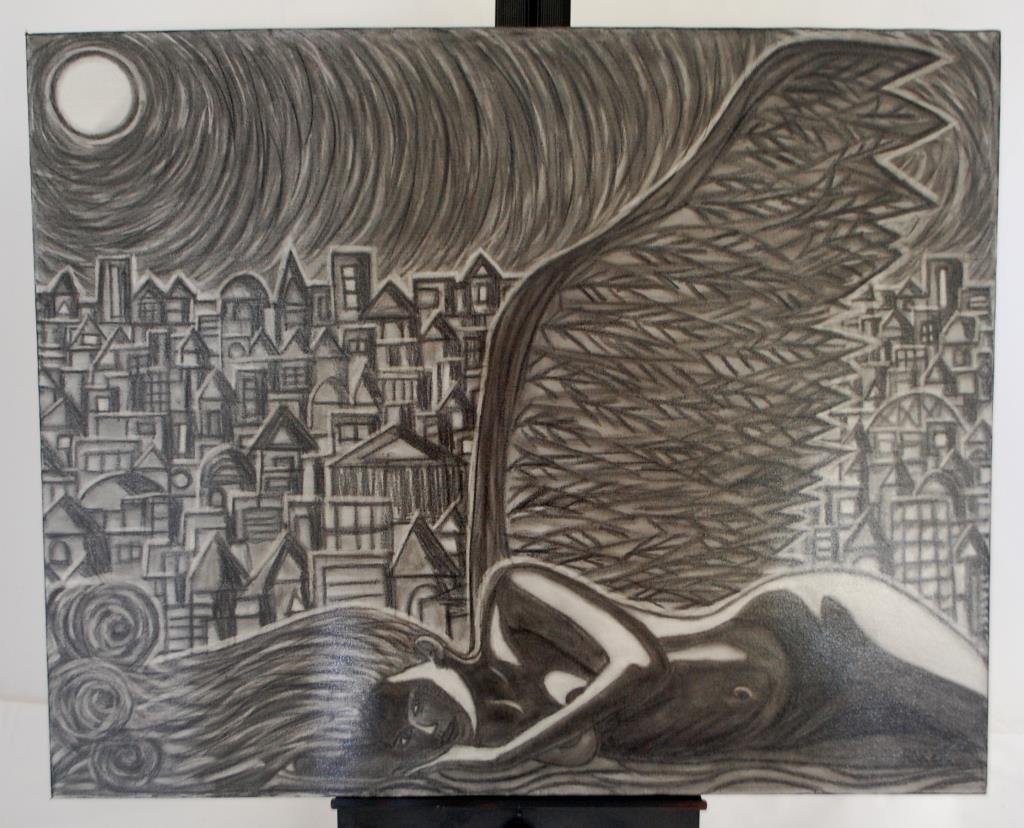 Rarer Signed Charcoal "Influence of the Moon": Charcoal on Canvas 20" x 30"