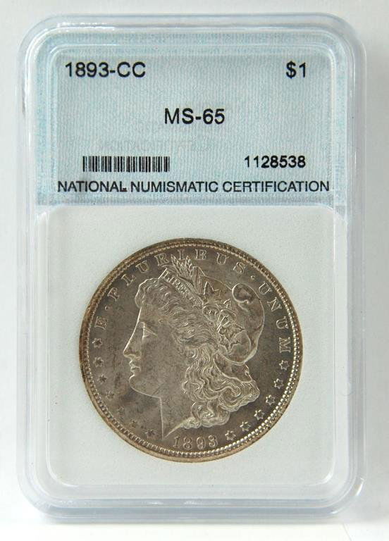 1893-cc Morgan Silver Dollar: graded MS65 by NNC