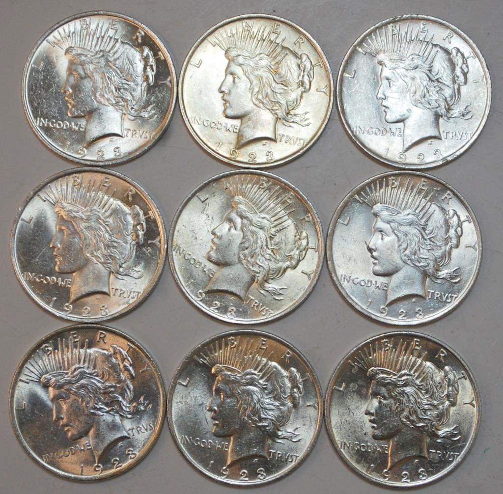 Nine 1923 Silver Peace Dollars: coin