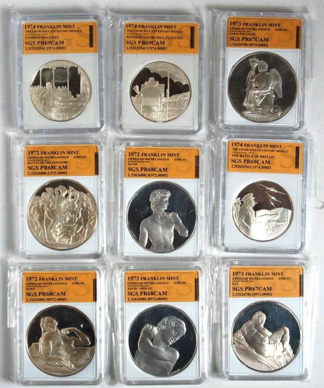 9 Franklin Mint Silver 1 oz. Collectible Coins: 1972,1973, & 1974 Silver 1 oz. coins including the Genius of Michelangelo.