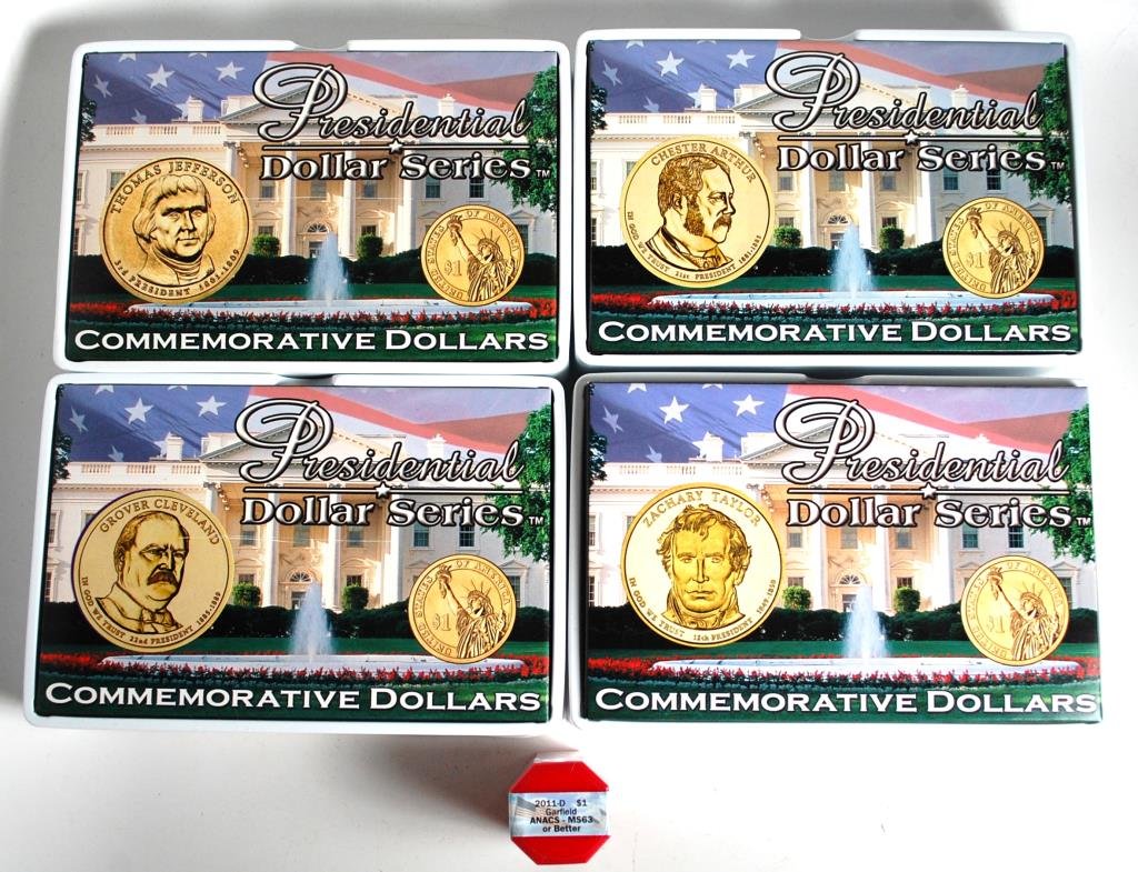 5 Presidential Series Rolls: Chester Arthur, Grover Cleveland, Grover Cleveland, Zacary Taylor, Garfield. $20 Certified ANACS MS63 or better Rolls. $100 Face Value
