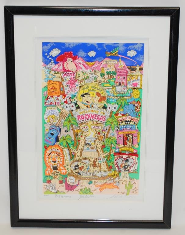 Fazzino "Flinstones Break Rock Vegas"Hanna Barbera: Charles Fazzino"Flinstones Break Rock Vegas " 3-d Lithographic Collage, Signed by Bill Hanna & Joseph Barbera. Hand signed by Fazzino and numbered 167/400 36" x 26 1/2"