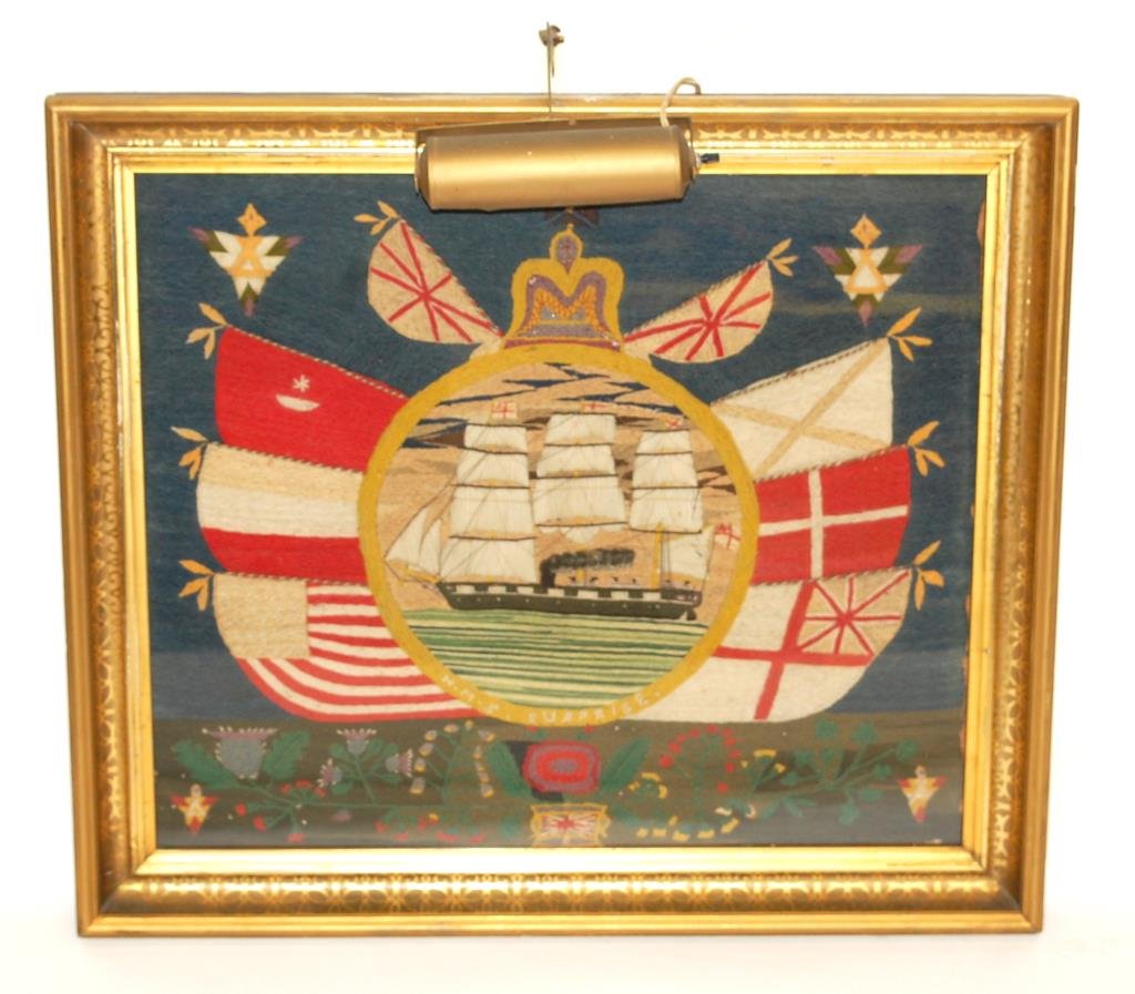 19th Century Woolie H.M.S. Surprise: Mid 19th Century English Woolie needlework of the Royal Naval gun vessel the H.M.S. Surprise. The Woolie portrays the 3 mast H.M.S. Surprise, with full sails and stack smoking, within a gold circle in