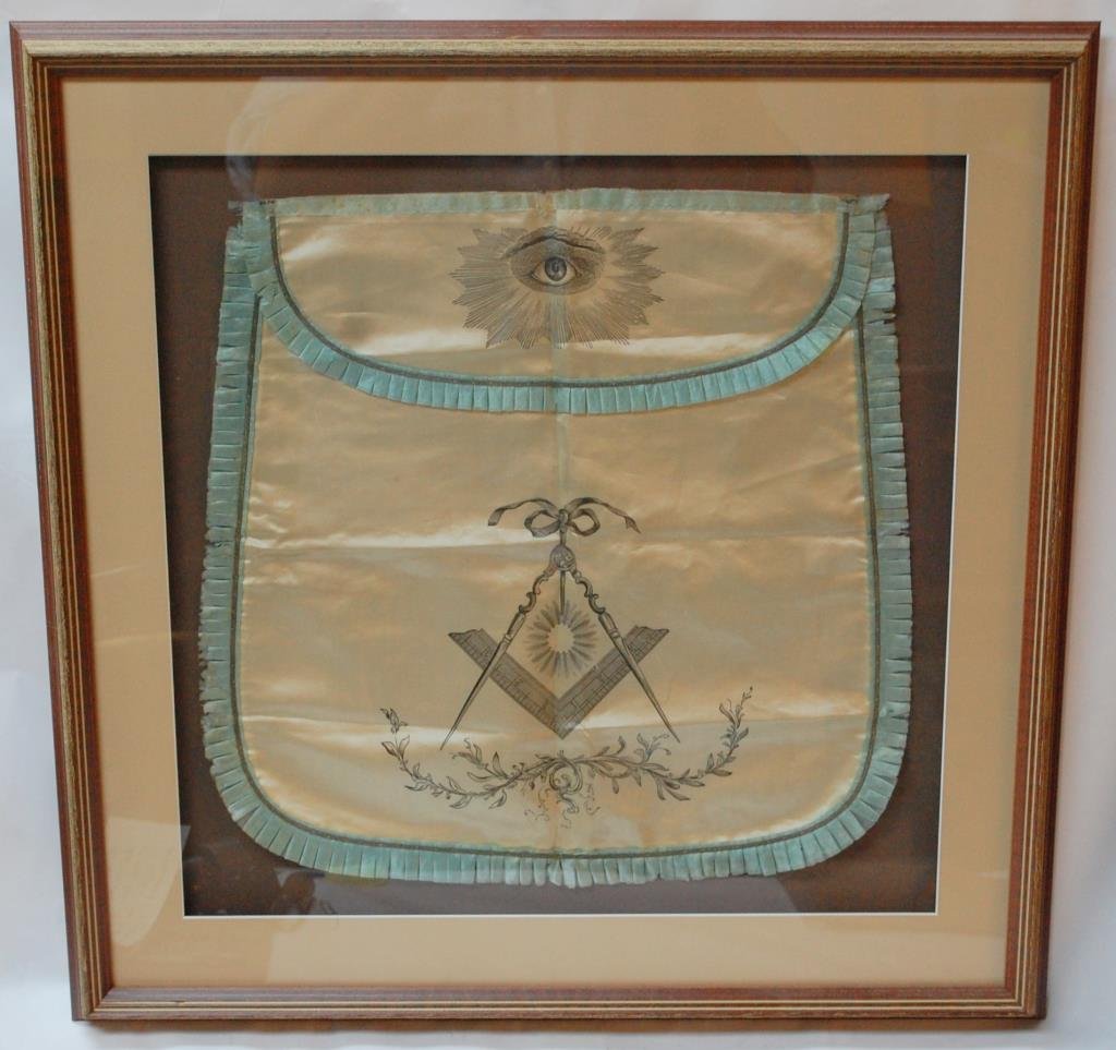 19th Century Masonic Apron: An all seeing eye sits above the classic square and compass
