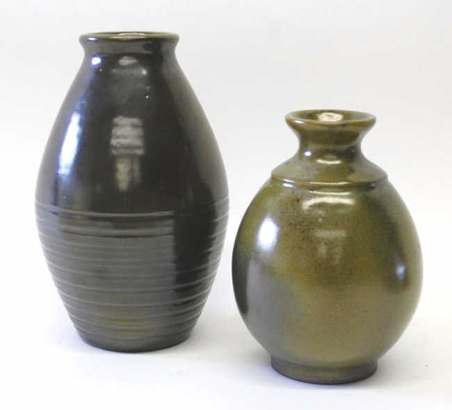Two Ben Owen Frog Skin Green Vases: Frogskin green glaze, both impressed "Ben Owen Master Potter"8 1/4" and 6 1/2"