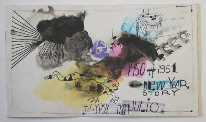Julio de Diego 1950-51 New Years Card-Gypsy Rose: Julio de Diego (1900-1979) 6 Page Original art 1950-51 New Years Card created for his wife Gypsy Rose Lee. Each page with an image and caption. 7 1/4" x 4 1/4"
