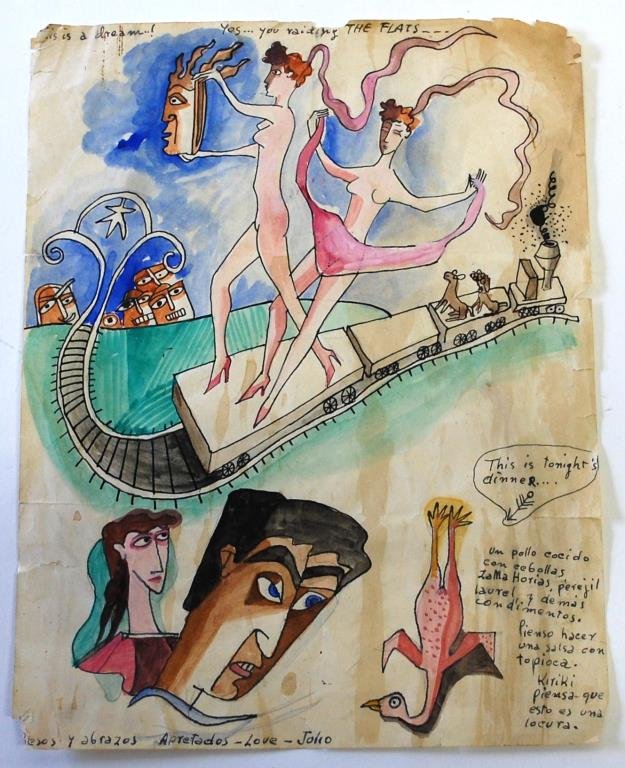 Julio de Diego- Colored Drawings & Note for Gypsy Rose: Julio de Diego (1900-1979) A colored and heavily illustrated letter/note by Julio de Diego to his then wife Gypsy Rose Lee. The note reads at the top "This is a dream"..."Yes....You Raiding THE FLATS"