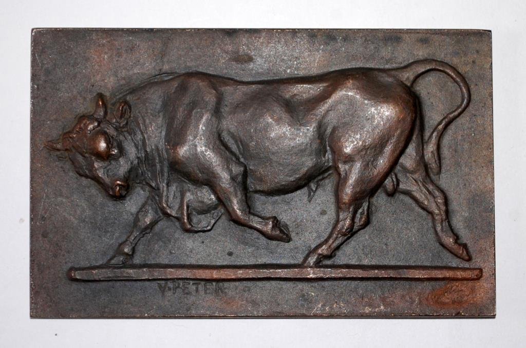 2 Bronze Animal Plaques-Victor Peter: Bronze Bull Signed V.Peter and a smaller Turkeys signed V.P. 3" x 5" and 3 3/4" x 2 1/4"