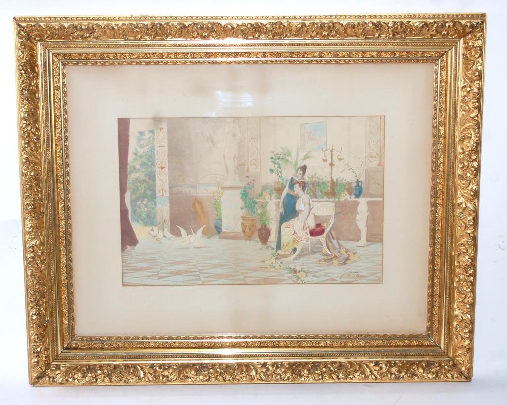 Ettore Forti Signed Watercolor: Ettore Forti Watercolor depicting classically dressed ladies, with classical statuary, architecture, and pottery in background, checked likely marble floor, and birds.Possibly embellished print, not e
