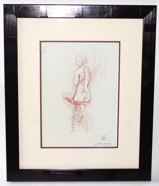 Ben Long Drawing Female Nude Seated -signed: Signed by Ben Long and inscribed to a friend "Merry Christmas" dated 2000. Ben Long (1945-) after education at University of N.C. Chapel Hill, Long moved to N.Y.C. where he entered the Art Student Lea