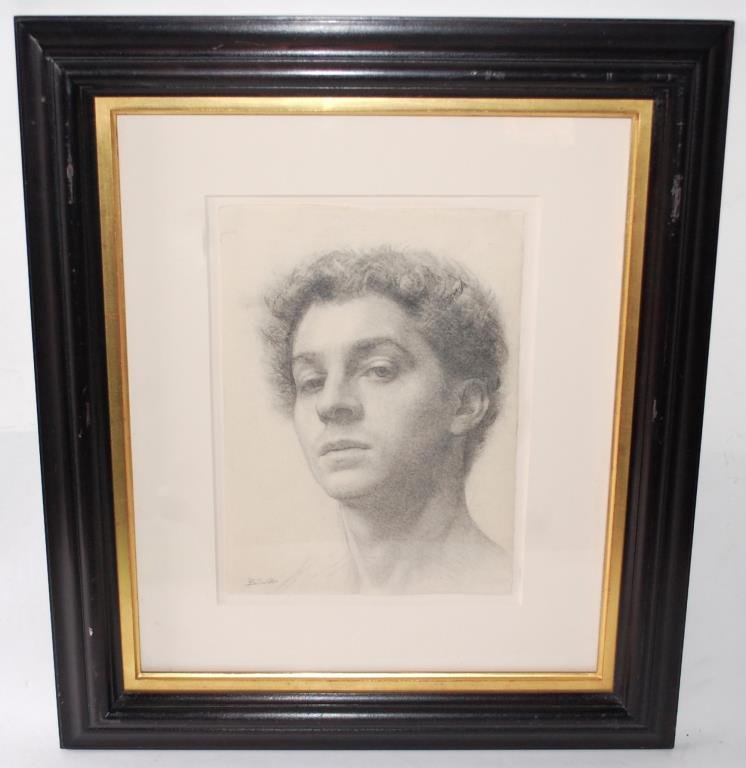 Brandon Soloff Drawing-Self Portrait: Studying and gaining commissions from a young age in Europe, Soloff then returned to his native U.S. studying under the D. Jefferey Mims & Ben Long for various periods of time. Signed.21 1/2" x 25"