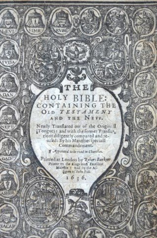 1636 King James Bible: 1636 King James Bible Includes both New Testament and Old Testament title page as well as Whole Psalms in Meter Title page. Includes Apocrypha Possession notes throughout. 1636 Colophon. Printed by Ro