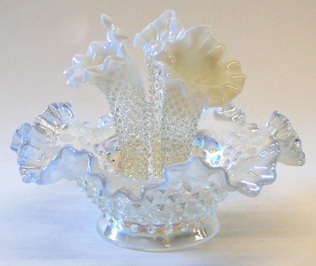 Fenton Hobnail Glass Epergne: 3 Flute Fenton. 7" tallExcellent condition..no condition issues at all that I can see