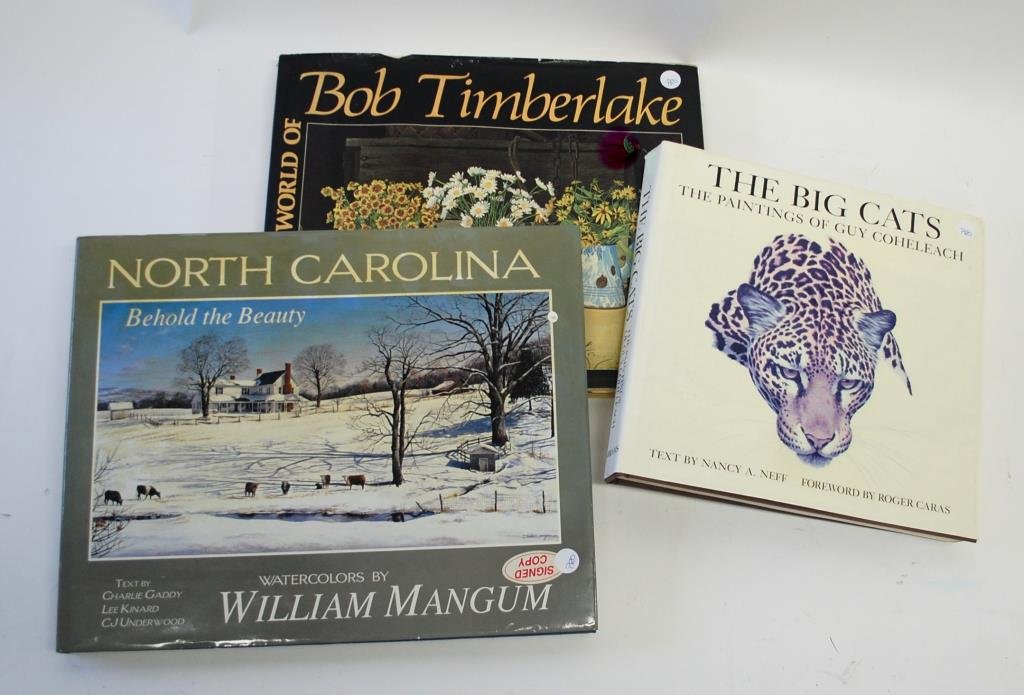 3 Artist's Books Signed: N.C. Artists Bob Timberlake & William Mangum. And also Guy Coheleach. All signed.