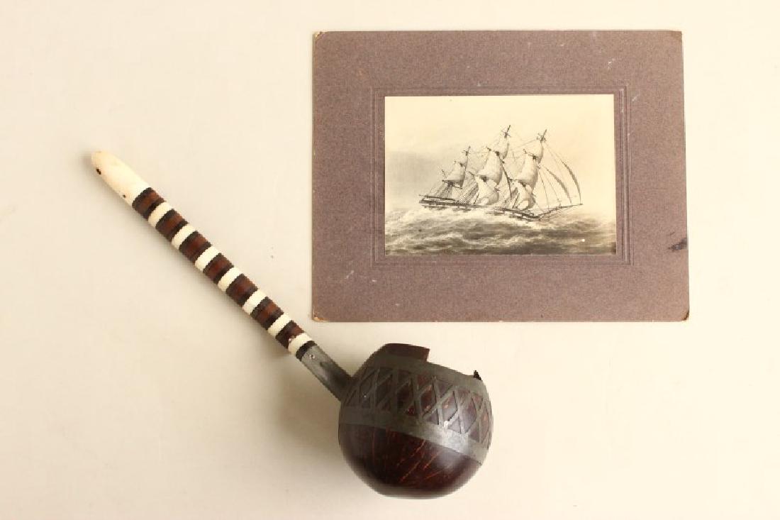 19th Century Whale Bone, Wood and Coconut Water: Dipper, reportedly for the ship the "True Britain", together with image of a ship signed by Capatin Clayton, (2)