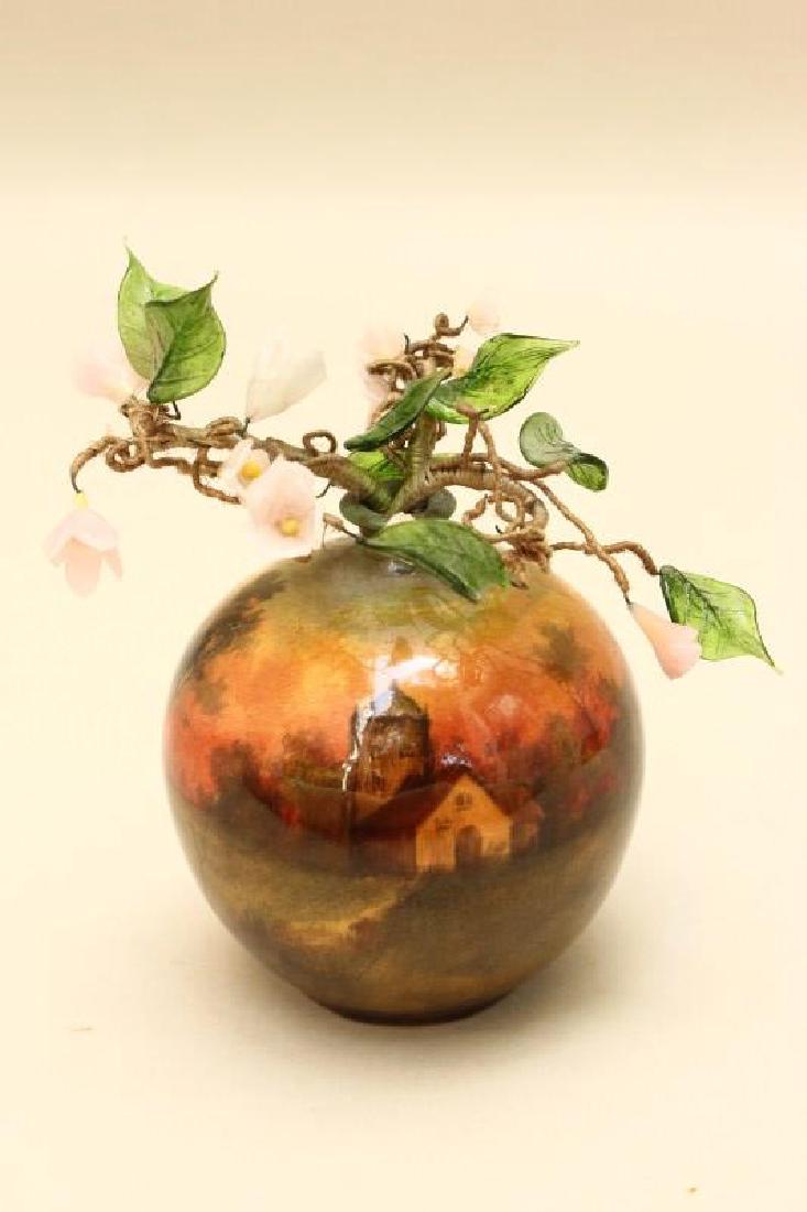 European Porcelain Posy Vase,: of baluster form, decorated with scene of a rural landscape and house in sunset landscape, h 12cm