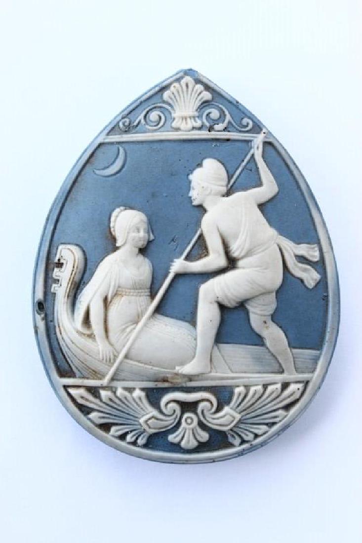 Jasperware Plaque,: of teardrop form, decorated with classical scene, in white on blue, h 9cm