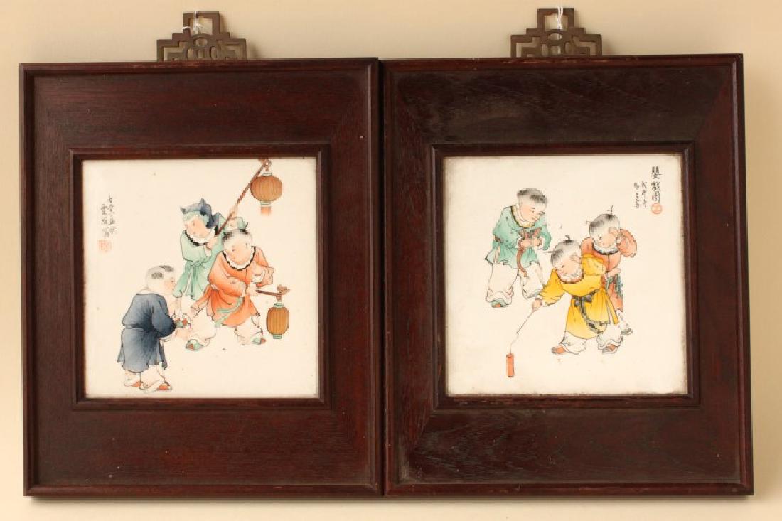 Pair Chinese Framed Porcelain Panels, (1 of 3)
