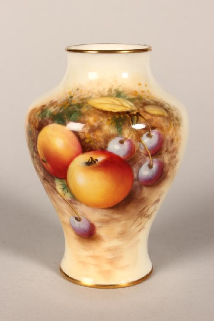 Royal Worcester Porcelain Vase,: of tapering ovoid form, decorated with summer fruit on a moss ground, h 10.5cm