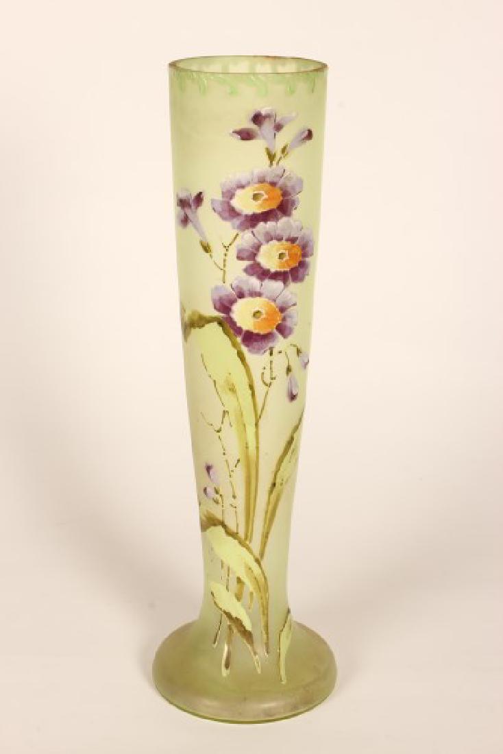 Art Nouveau Painted Glass Vase,: of elongated tapering form, painted with purple flowers, in tones of purple, yellow and green, h 38cm