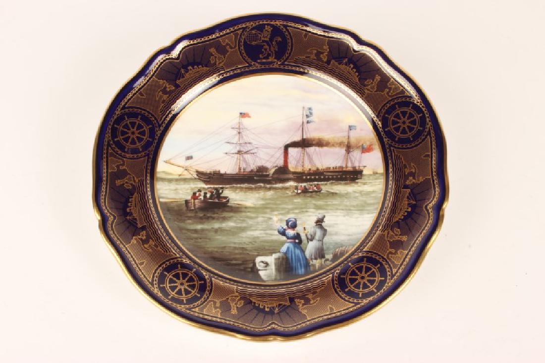 Spode "The Age of Romance Britannia" Cabinet: Plate, of shaped circular form, depicting a steam boat leaving Liverpool in 1840, surrounded by gilt and cobalt border, edition 739/2000, d 23cm