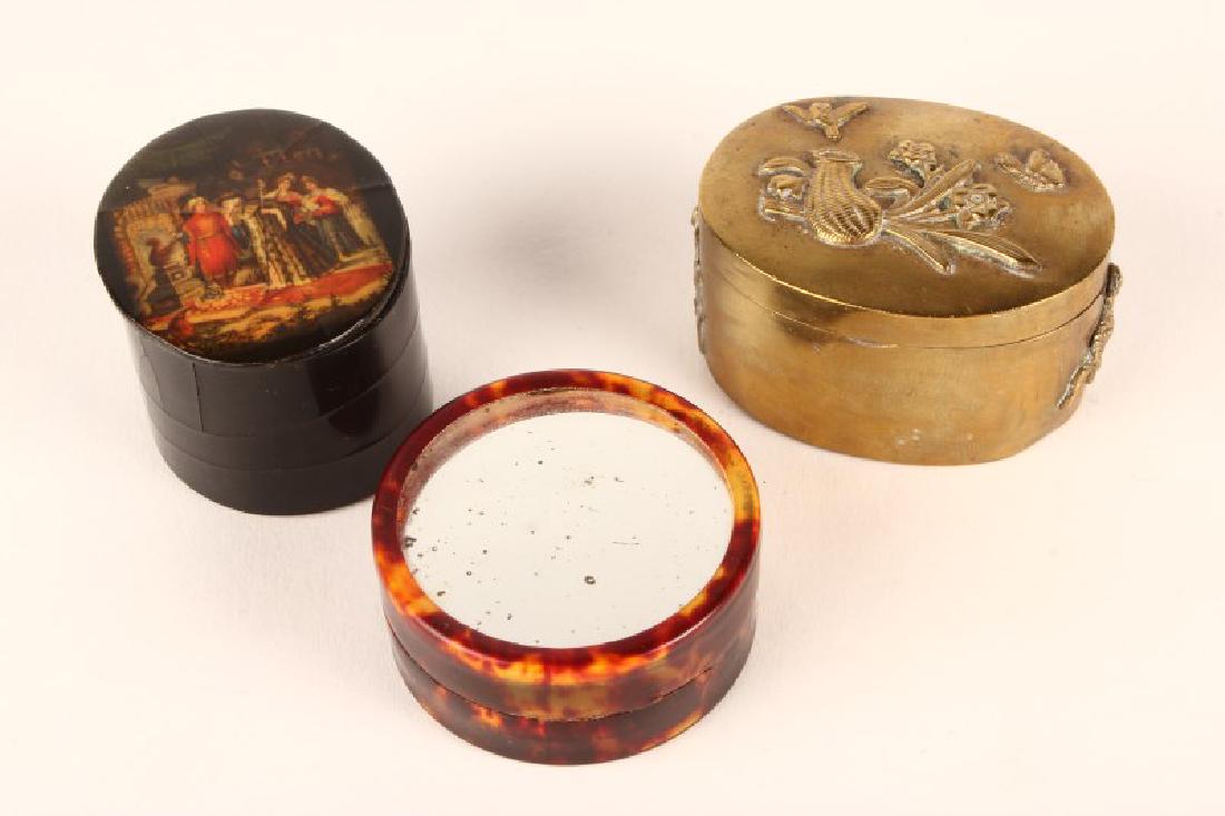 Three Various Pill Boxes,: including Japanese brass pill box, Russian folk art box and cover and tortoise shell box and over, (3)