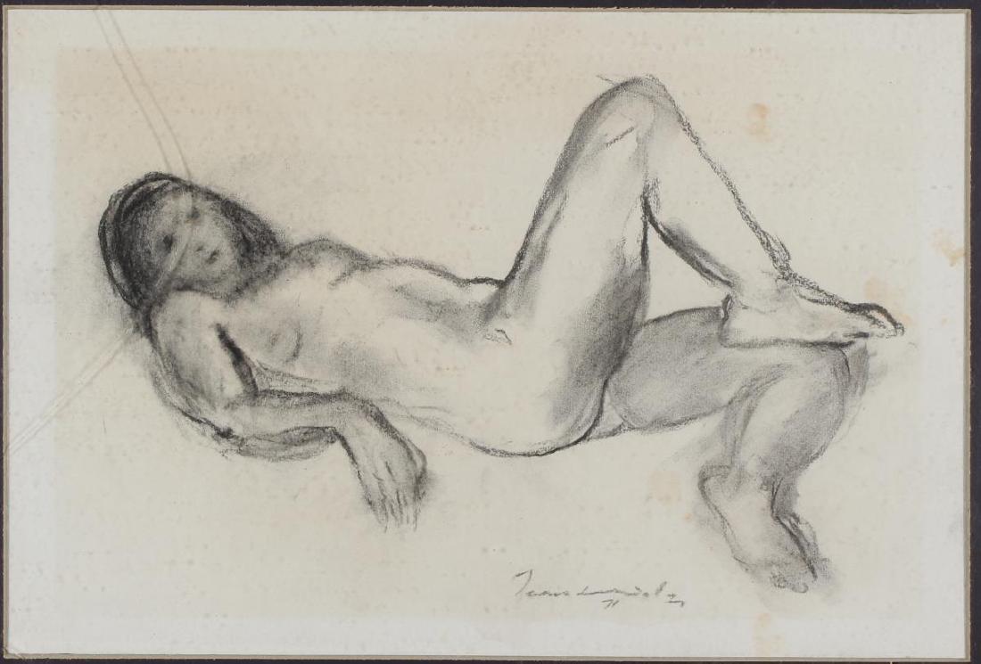 Artist Unknown,: Untitled, Reclining Nude,1971 Charcoal on paper Signed and dated below image 30cm x 44cm