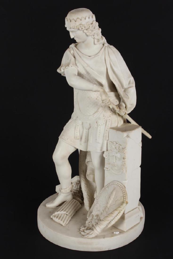 Late 19th Century Parian Figure,: modeled in the form of a Greek warrior preparing to draw his sword, with shield and column with medusa head, a/f, h 43cm