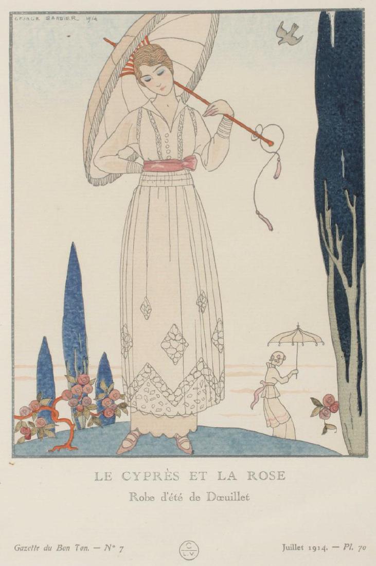 George Barbier French Fashion Pochoir Print,: Le Cyprès et La Rose: Robe d'été de Doeuillet for La Gazette du Bon Ton, issue no.7, Paris, July 1914, 22.5 x 16 cm
