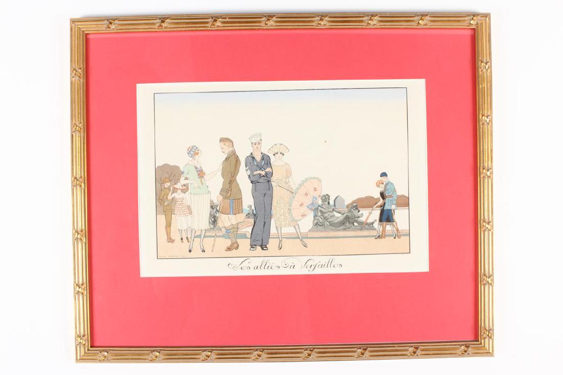 George Barbier French Fashion Pochoir Print,: 'Les Alliés à Versailles' from Le Bonheur du Jour ou, les Graces à la Mode, 1924, 24 x 36 cm