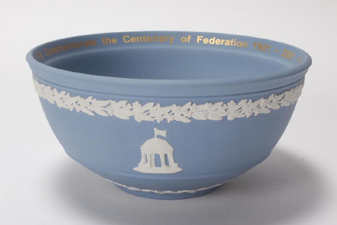 Wedgwood Jasper Ware Bowl,: to Commemorate the Centenary of Federation 1901-2001, of deep circular form, decorated with borders of gum blossom and architectural features, impressed and signed Wedgwood, 2001 in pen, boxed