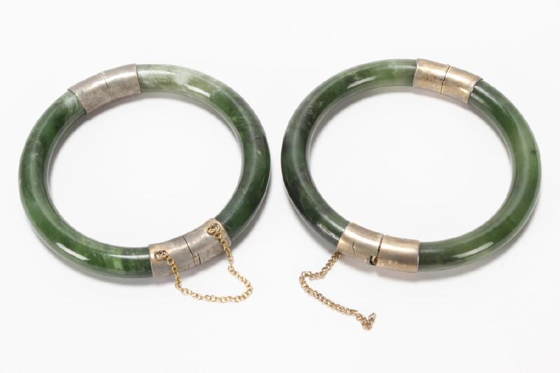 Two Chinese Spinach Jade and Silver Bangles, (1 of 1)