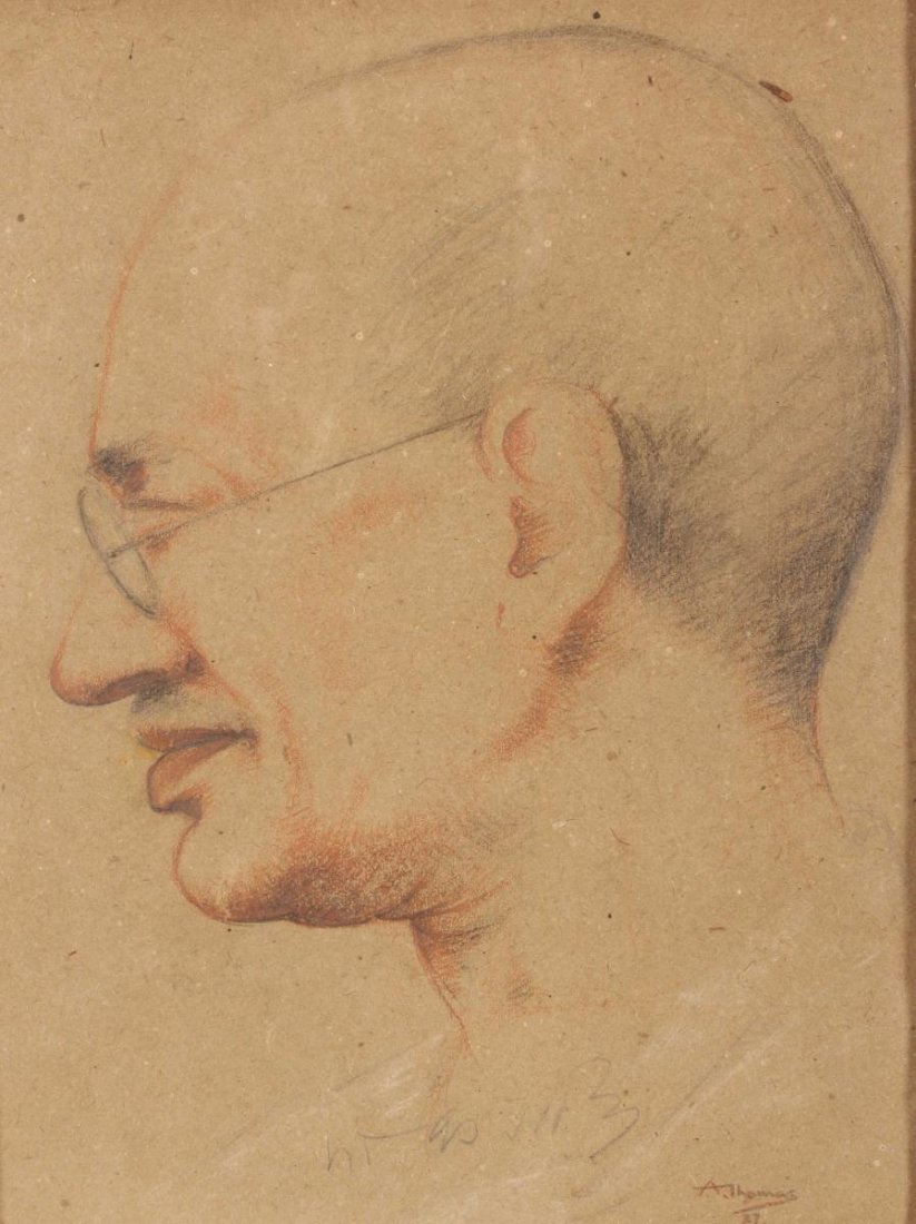 A. Thomas,: Gandhi 1937 pastel on paper signed lower and dated lower right and Gandhi signature and also stamped & initialed on the reverse by the Collector of Customs, Bombay 30cm x 23cm Provenance: Owners fathe