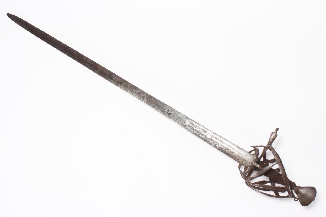 16th Century German Solingen Sword,: with long narrow blade, with stamp and marks to blade, with basket hilt and woven metal handle, l 105cm