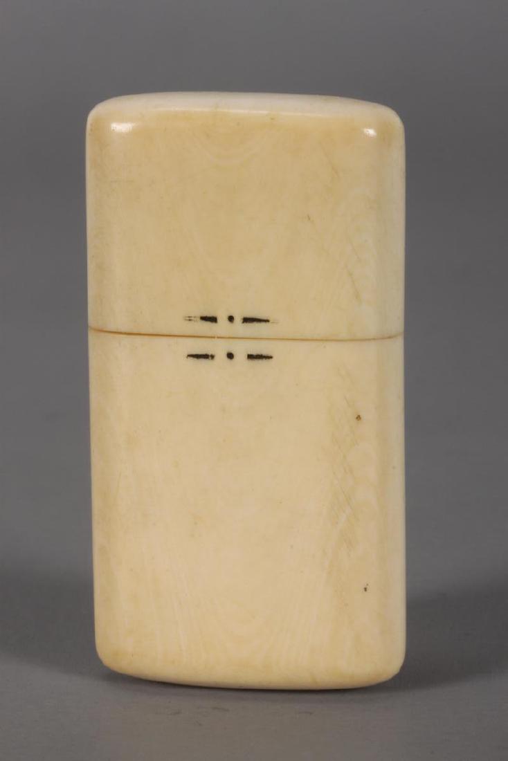 Carved Needle Case,: of rectangular form with rounded edges, the interior revealing four cylindrical compartments with measurements, h 5.5cm