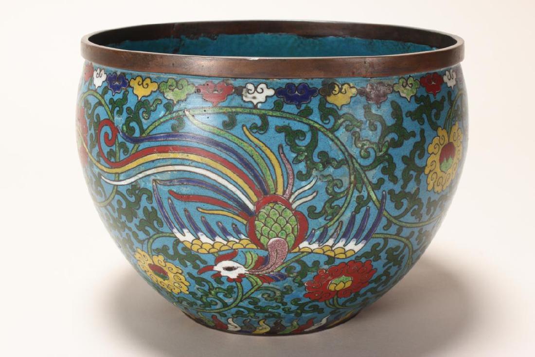 Good Chinese Ming Dynasty, 17th Century Cloisonné: Jardiniere, of baluster form,with deep sides, with a bronze lip, above a body decorated with a dragon and phoenix on a ground of scrolling flowers and tendrils in tones of red, blue, green, white and 