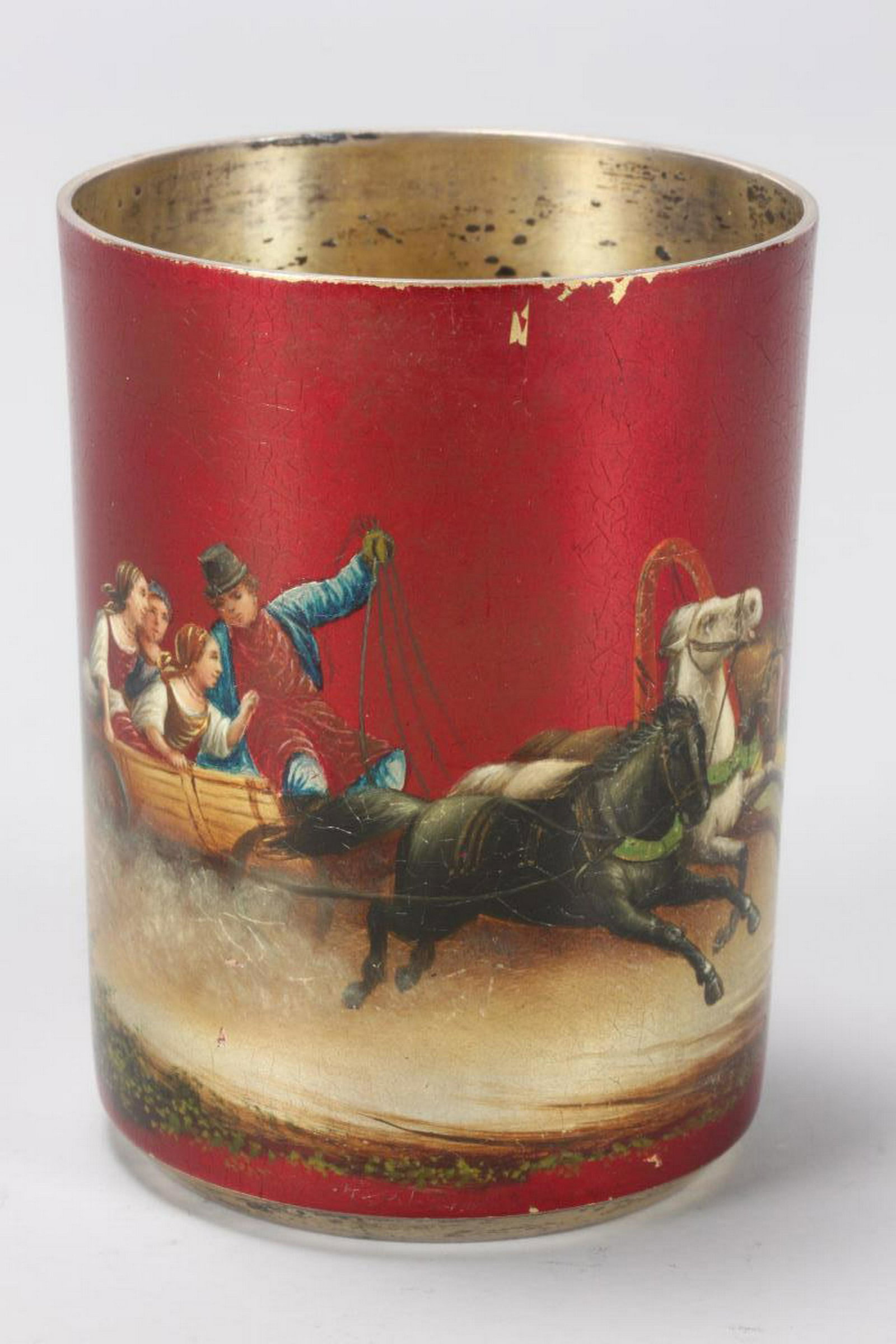 Russian Gilt Silver and Lacquer Beaker,: of cylindrical form, decorated with a scene of three figures being pulled by three horses, in tones of red, gilt and brown, total weight 76gms, h 7cm