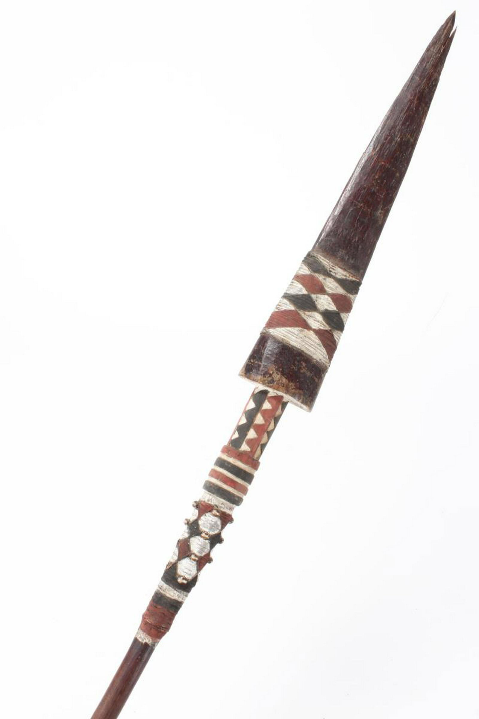 Admiralty Islands Spear,: Pre 1910, with wooden spear head, above carved and woven decoration, painted in natural pigment, in white and ochre, l 198cm Provenance: Germany Private Collection, Arthur Whall 2017 then Private Coll