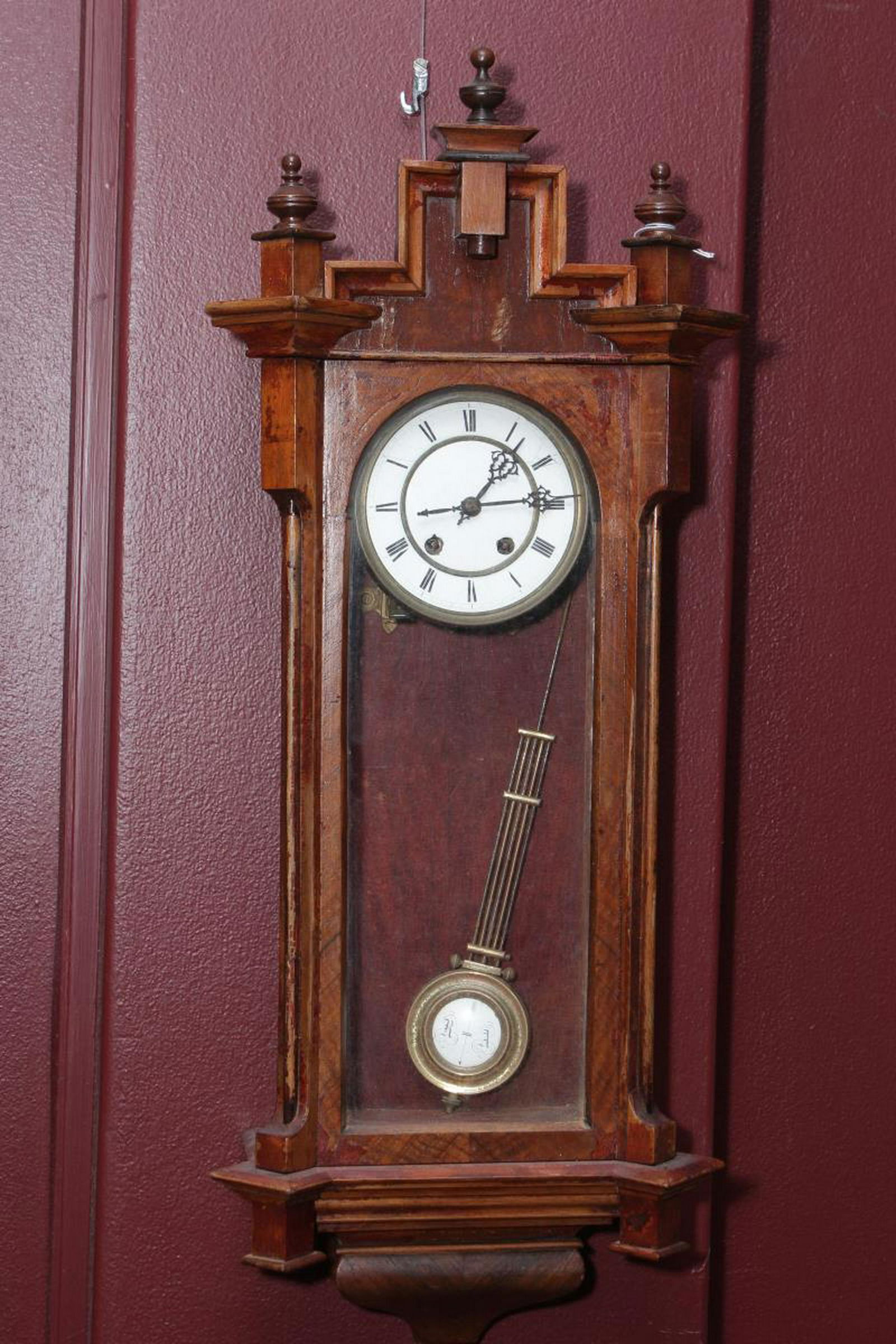 Regulator Wall Clock,: with circular white enamel dial, with Roman numerals, and swing pendulum, set within a wooden case, h 77cm