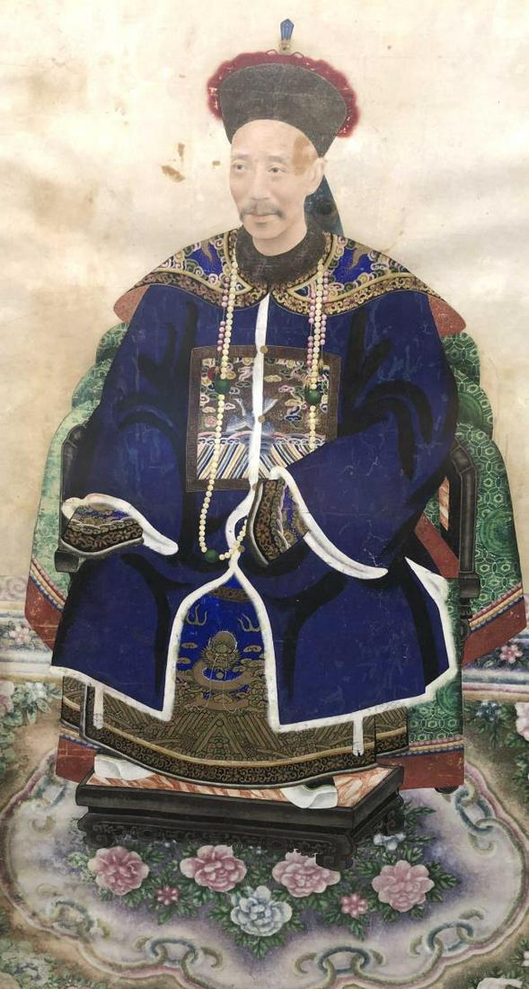 Chinese Ancestral Portrait,: depicting a mandarin of high rank wearing his winter hat, seated on throne with marble pediment, in tones of blue, red, pink, green and yellow, 141cm x 81cm