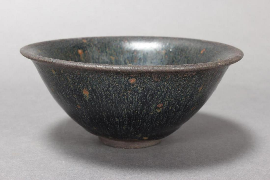 Chinese Hares Fur Glaze Bowl,: with spreading lip and tapering body, in thick brown glaze, with exposed foot, d 14.2cm