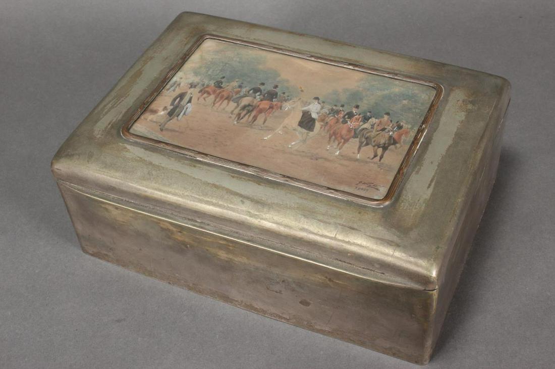 Cigar Box and Cover,: of deep rectangular form, set with handcoloured lithograph of horses after George Wright, with silver plate surround, 8cm x 22cm x 15cm