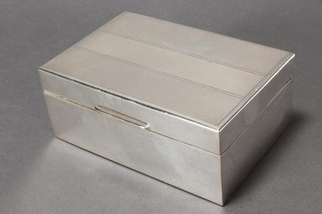 English Sterling Silver Cigarette Box,: hallmarked Sheffield,1964, W&H, of rectangular form with a ribbed cover, with wooden interior, l 13cm