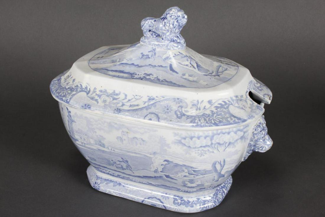 19th Century Spode Blue and White Decanter and: Stopper, set with lion finial above facetted sides, decorated with ruins scenes, flanked by lion mask handles, l 32cm