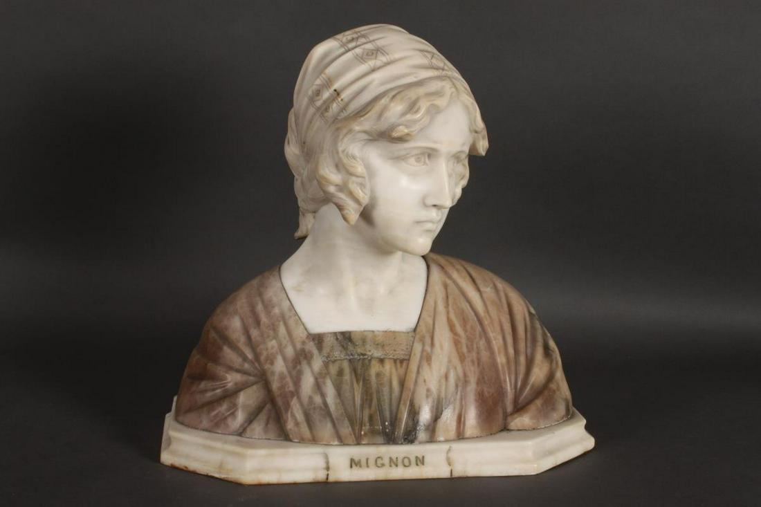 Italian Marble and Alabaster Bust of a Young Woman: after Giovanni Bessi (Italian 1857-1922), depicted with head slightly turned, on a pedestal inscribed 'Mignon,' incised signature to back, h 38cm